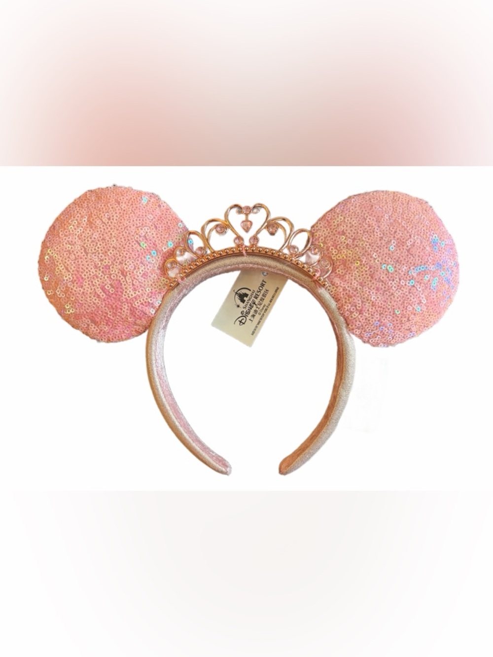 Disney Pink Sequin Minnie Ears Headband with Gold Tiara Accent